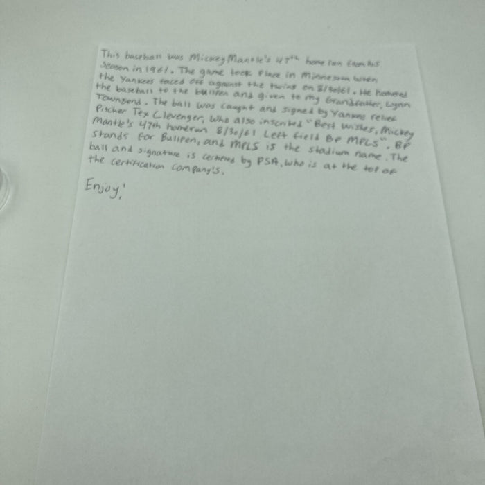 Mickey Mantle Signed Game Used 1961 47th Home Run Baseball PSA DNA & MEARS COA