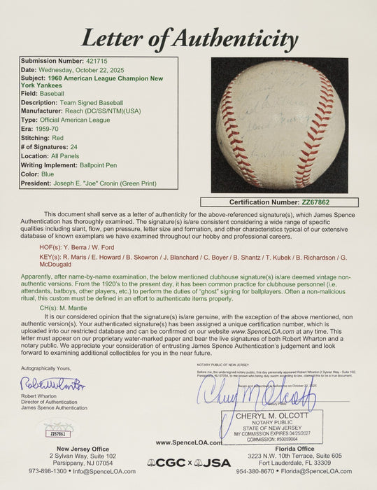 Roger Maris 1960 New York Yankees AL Champs Team Signed Baseball JSA COA