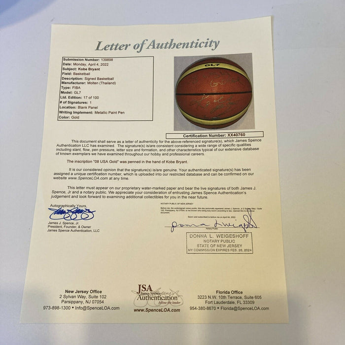 Kobe Bryant "2008 USA Gold" Signed Official Olympics FIBA Basketball UDA & JSA
