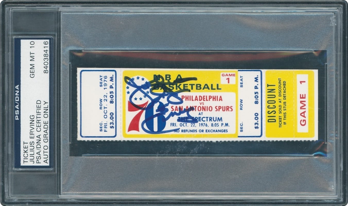 Julius Erving Dr J. Signed 1976 NBA Debut 76ers Full Ticket Proof PSA 10 GEM 1/1