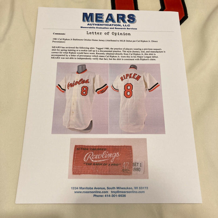 Cal Ripken Jr. 1981 Rookie MLB Debut Signed Game Used Jersey Mears 10 Ripken LOA