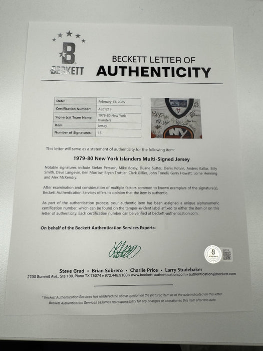 1980 New York Islanders Stanley Cup Champions Team Signed Reebok Jersey Beckett