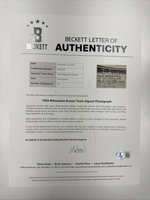 1958 Milwaukee Braves NL Champs Team Signed Photo Hank Aaron Beckett COA