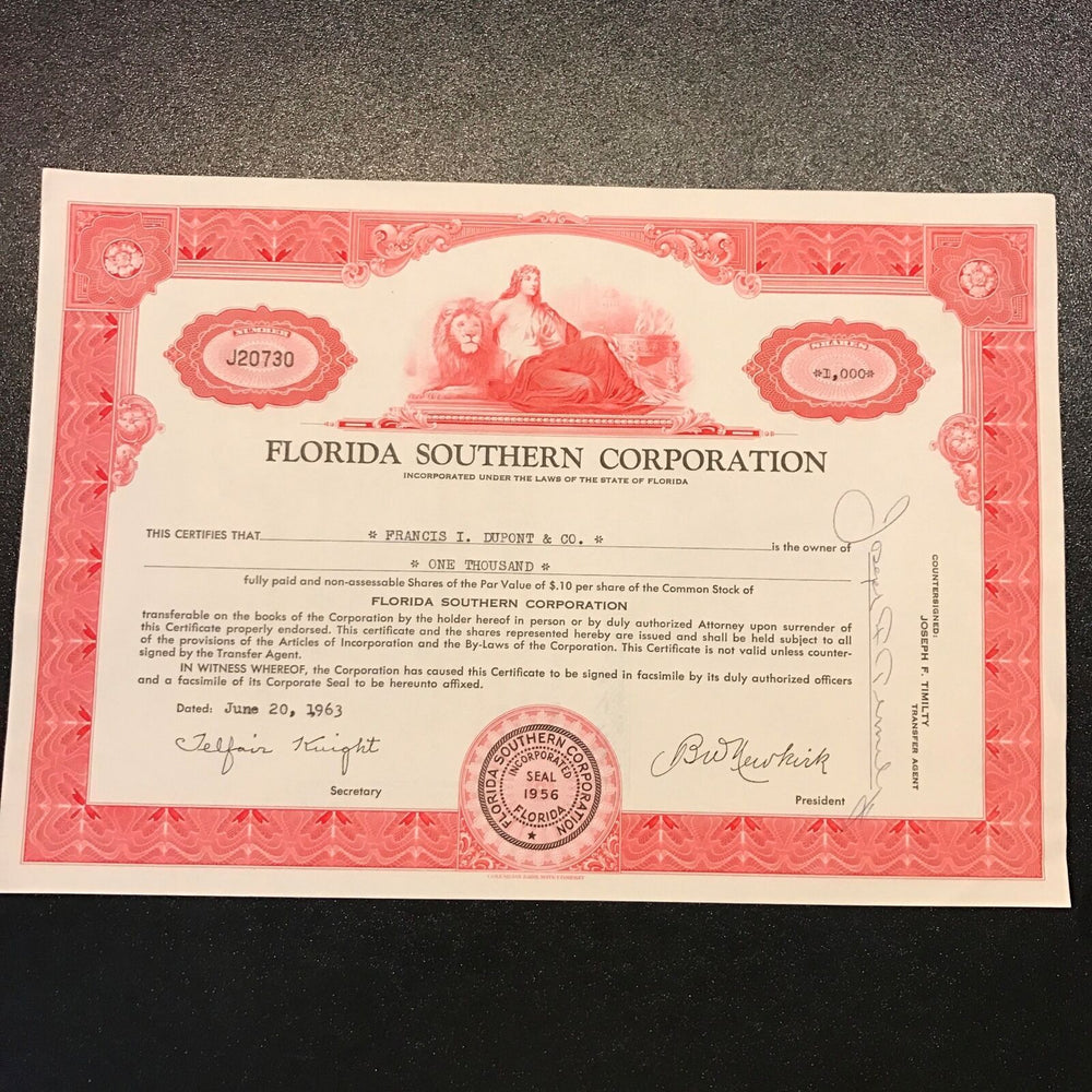Francis Irenee Du Pont Dupont Signed 1963 Florida Corporation Stock Certificate