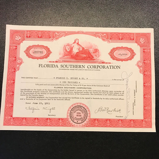 Francis Irenee Du Pont Dupont Signed 1963 Florida Corporation Stock Certificate