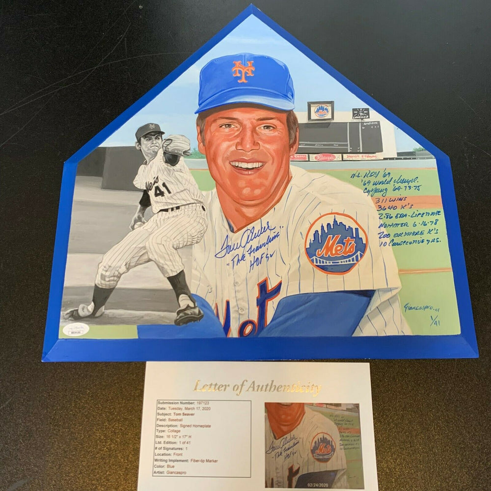 Beautiful Tom Seaver Signed Heavily Inscribed Hand Painted Home Plate JSA COA