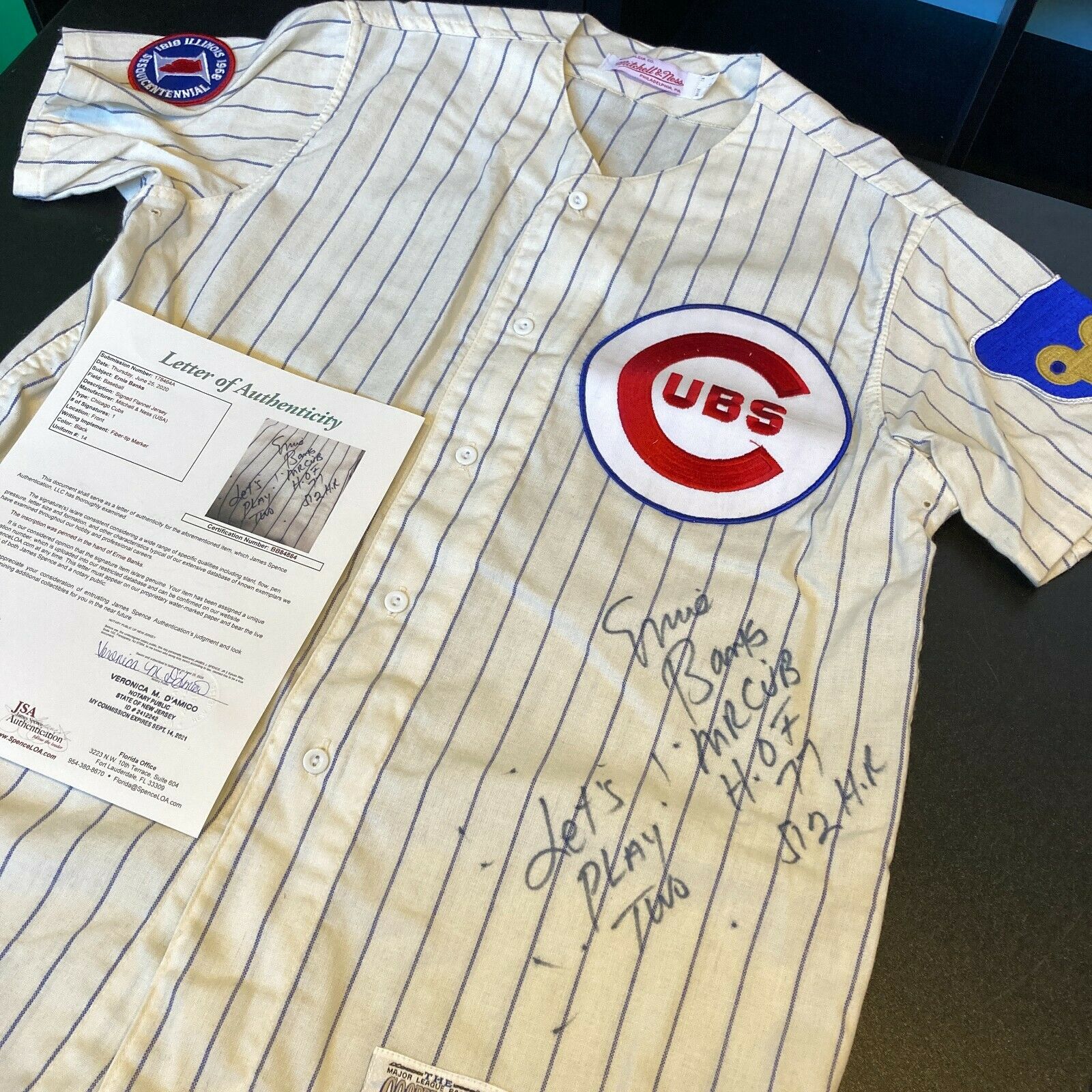 Stunning Ernie Banks Let's Play Two Signed Inscribed Chicago Cubs Jersey  JSA