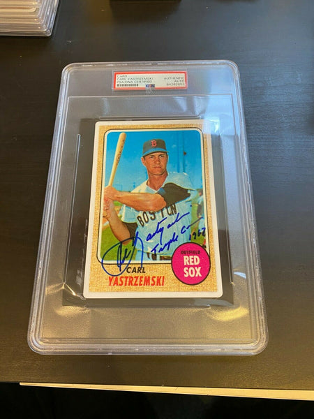 1968 Topps Carl Yastrzemski Signed Jumbo Baseball Card 1967 Triple Crown PSA DNA