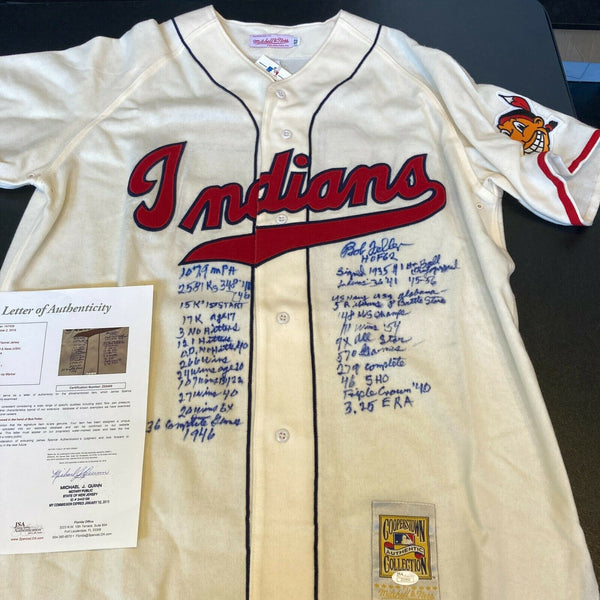 Stunning Bob Feller Signed Heavily Inscribed Cleveland Indians STAT Jersey JSA