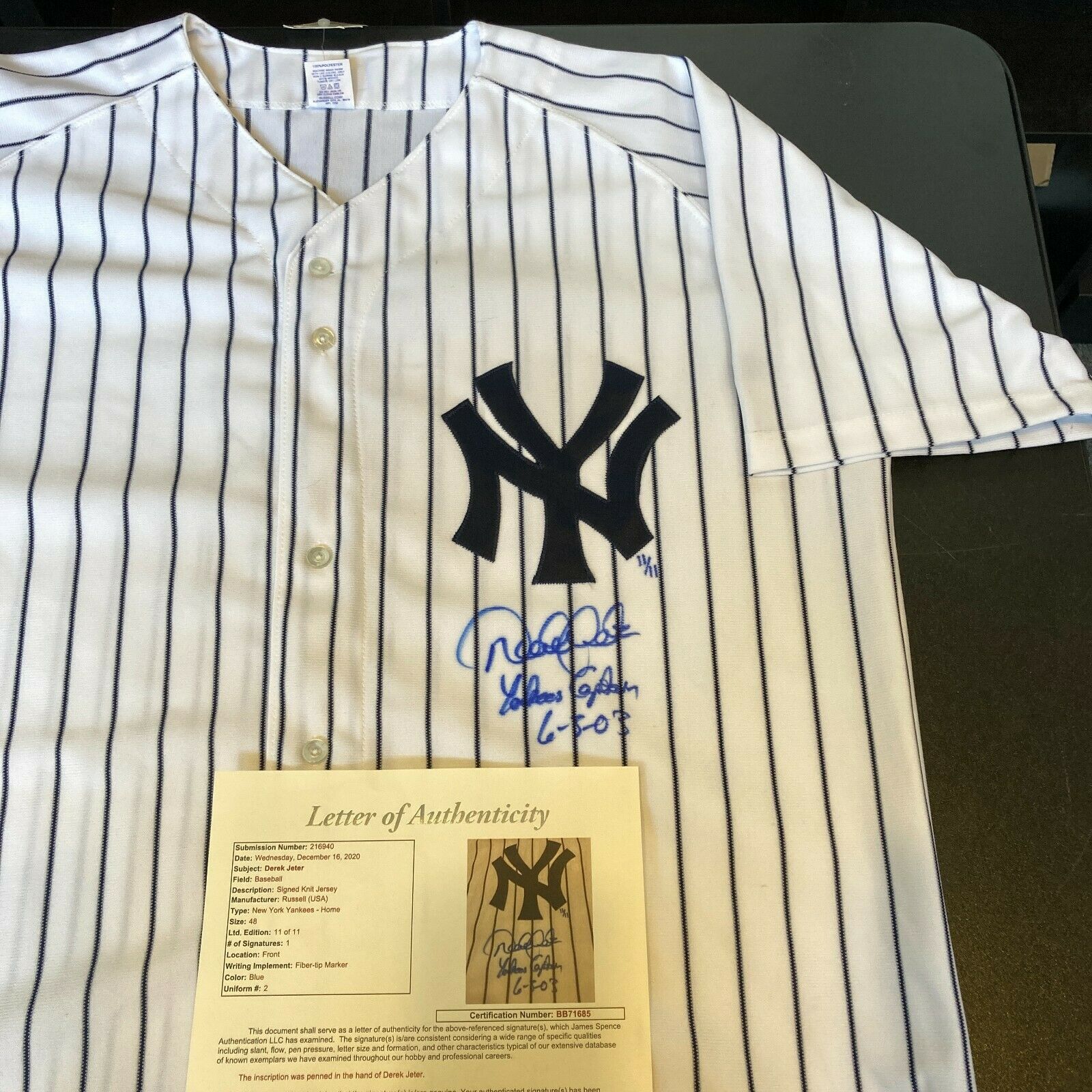 Derek Jeter Yankees Captain 6-3-03 Signed New York Yankees Jersey JS —  Showpieces Sports