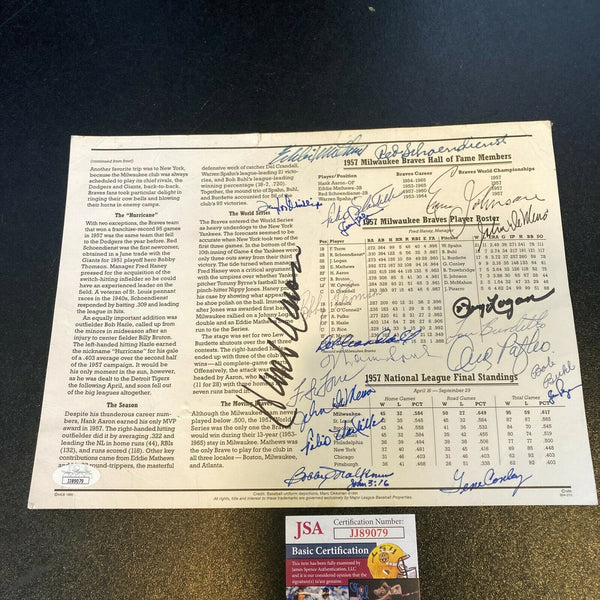 1957 Milwaukee Braves World Series Champs Team Signed Patch Sheet Hank Aaron JSA