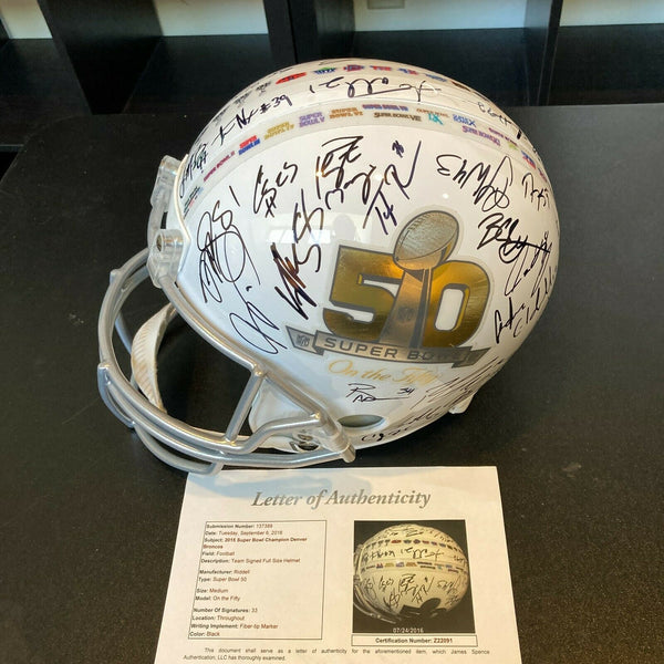 2015 Denver Broncos Super Bowl 50 Champs Team Signed Authentic Helmet — Showpieces Sports 2015 Denver Broncos Super Bowl 50 Champs Team Signed Authentic Helmet — Showpieces Sports