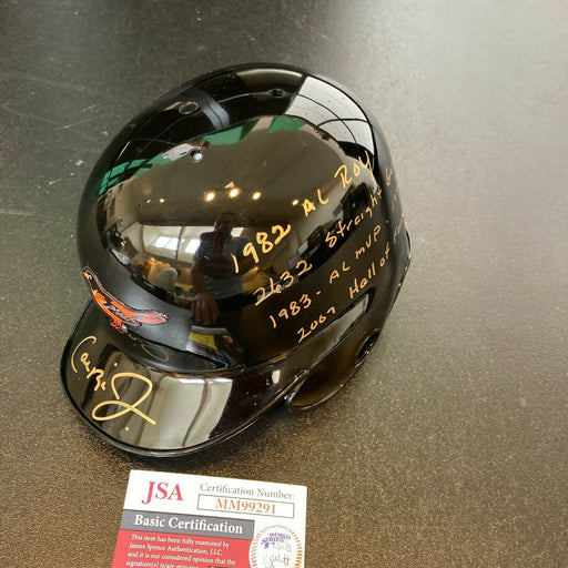 Beautiful Cal Ripken Jr. Signed Heavily Inscribed STATS Orioles Mini Helmet JSA