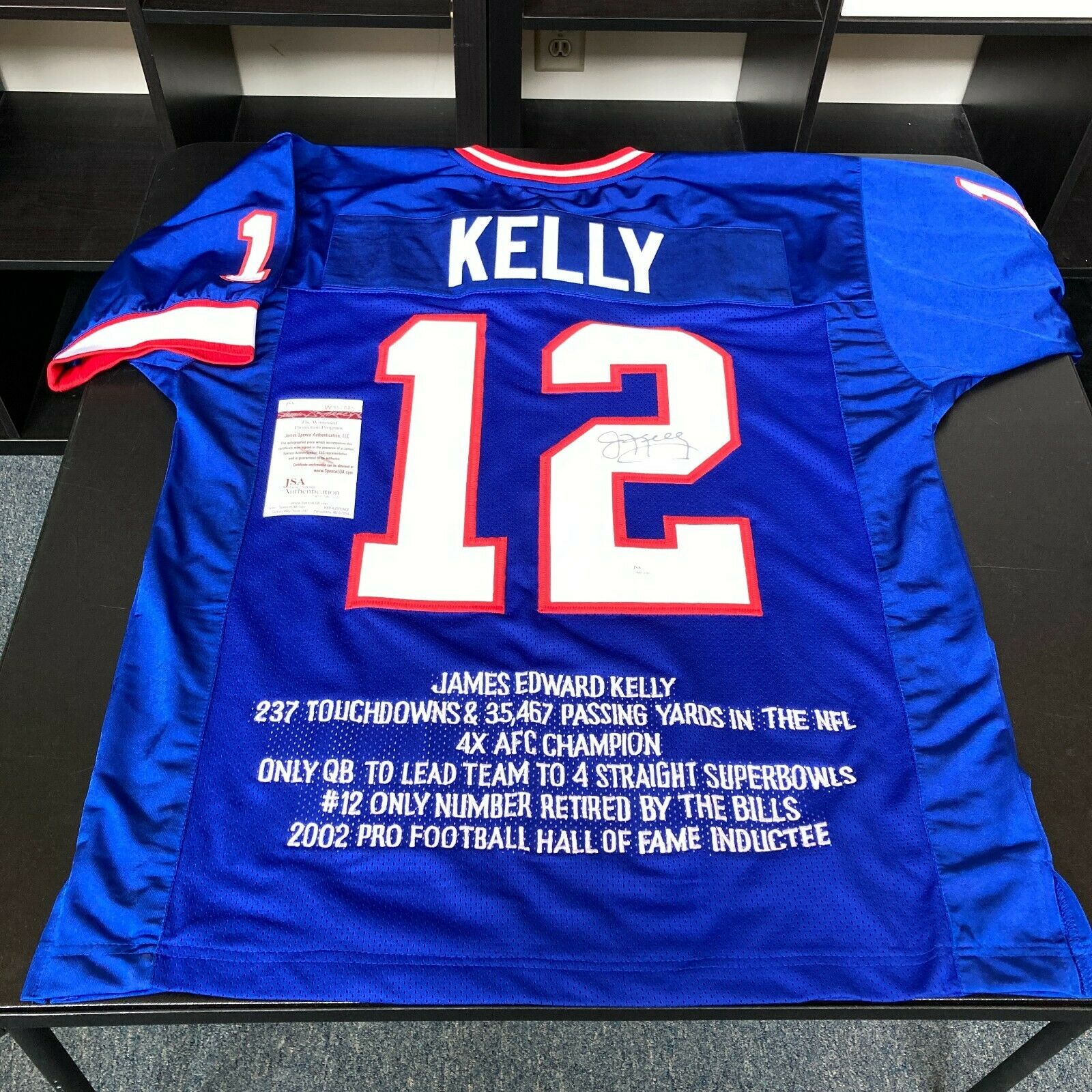 Autographed/Signed Jim Kelly Buffalo Blue Football Jersey JSA COA