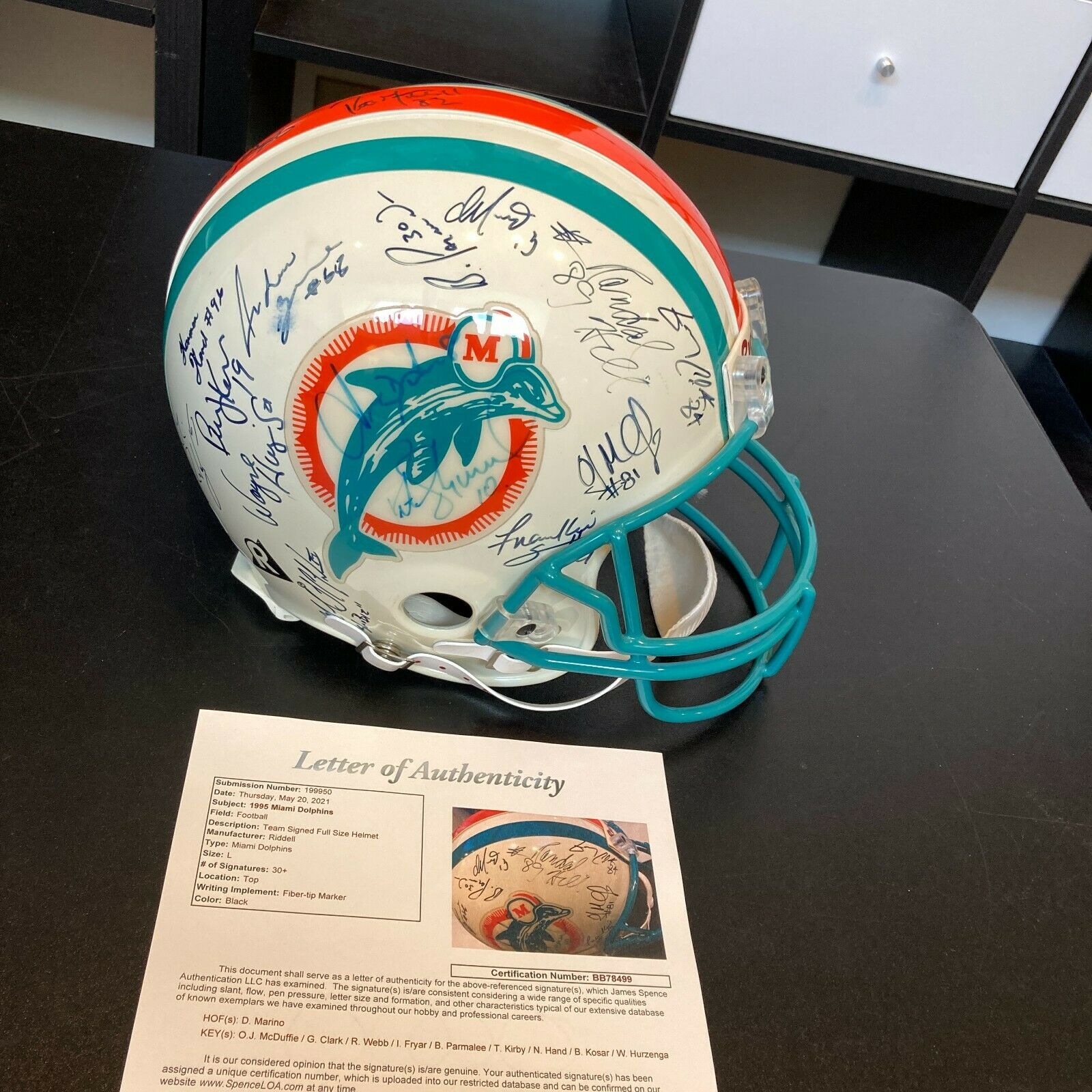 1995 Miami Dolphins Team Signed Authentic Game Model Helmet Dan Marino JSA  COA