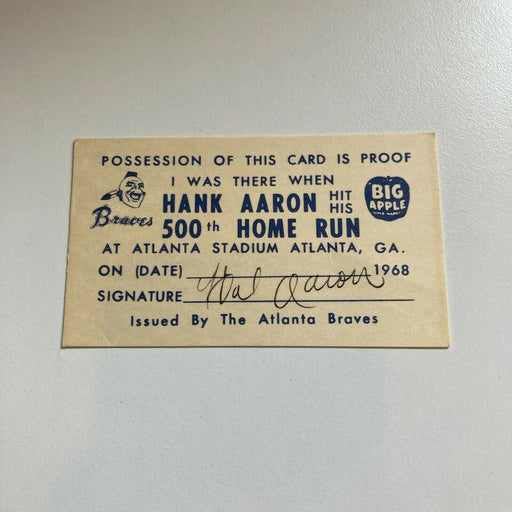 Hank Aaron Signed 1968 "I Was There When Hank Aaron Hit His 500th Home Run" Card