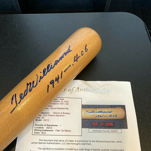 Ted Williams "1941 .406 Average" Signed Inscribed Game Model Baseball Bat JSA