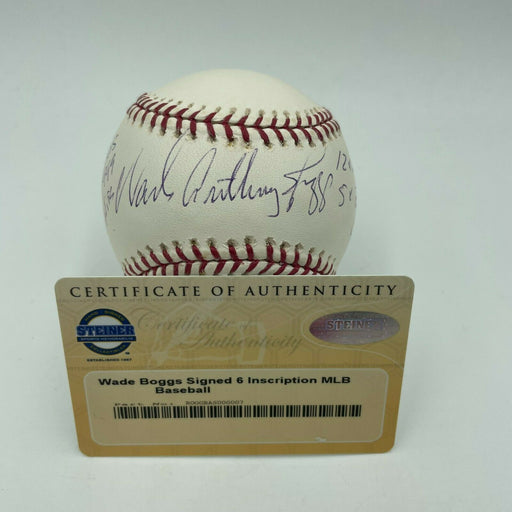 Wade Boggs Full Name Signed Heavily Inscribed STAT Baseball With Steiner COA