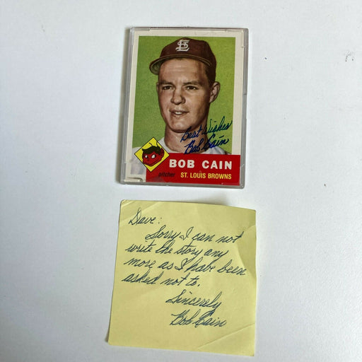 Bob Cain Signed 1953 Topps Archives Baseball Card With Handwritten Note