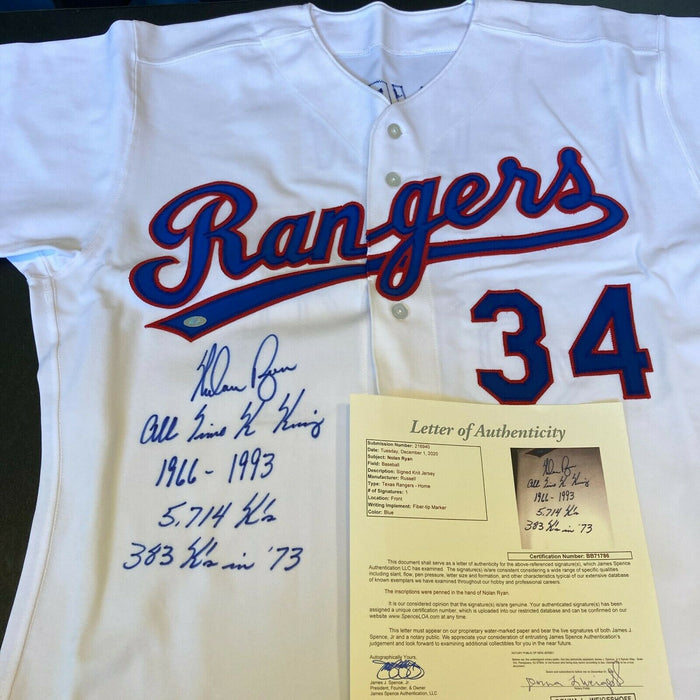 Nolan Ryan Signed Texas Rangers Jersey with (4) Career