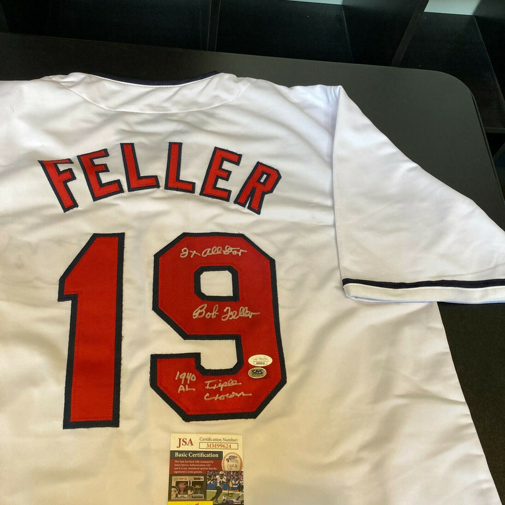 Lot Detail - Bob Feller Signed Indians #19 Jersey with Triple Crown Ins.  Very Rare With Ins In His Hand PSA/DNA #H33307