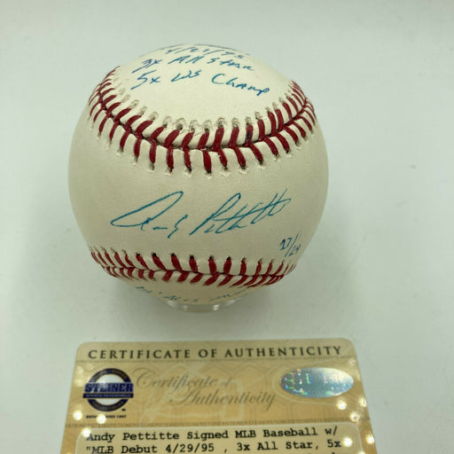 Beautiful Andy Pettitte Signed Heavily Inscribed STAT MLB Baseball Steiner COA