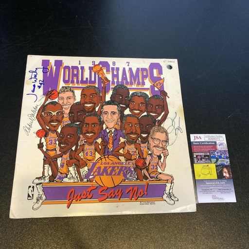 Kareem Abdul-Jabbar James Worthy Pat Riley Signed 1987 Lakers Champs LP JSA COA
