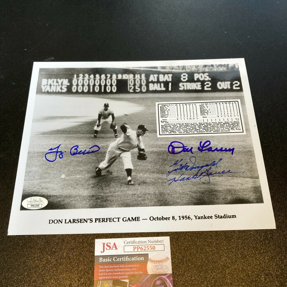 Yogi Berra Don Larsen Signed 1956 World Series Perfect Game 8x10 Photo JSA COA
