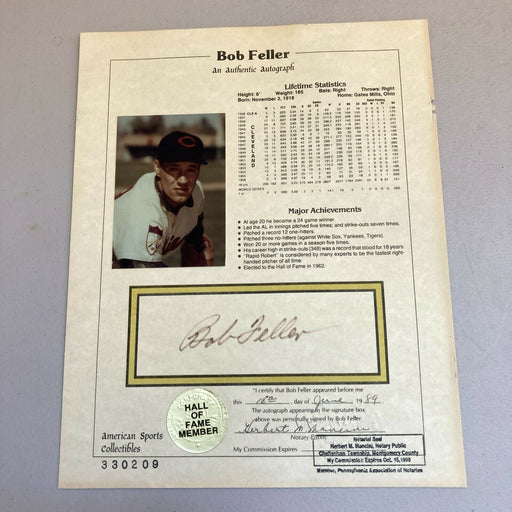 Bob Feller Signed Autographed Stat Sheet Photo Hall Of Fame
