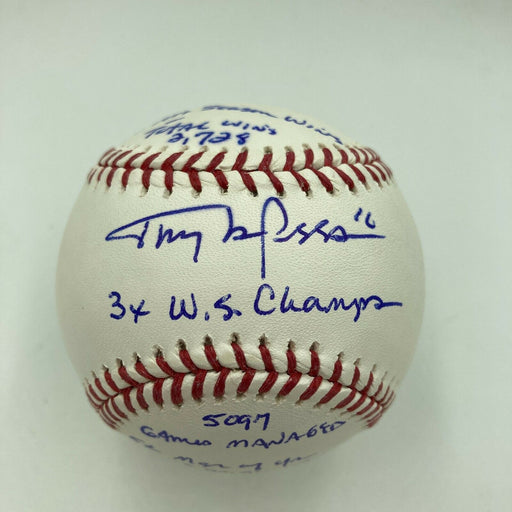 Tony LaRussa Signed Heavily Inscribed STAT Major League Baseball JSA Sticker
