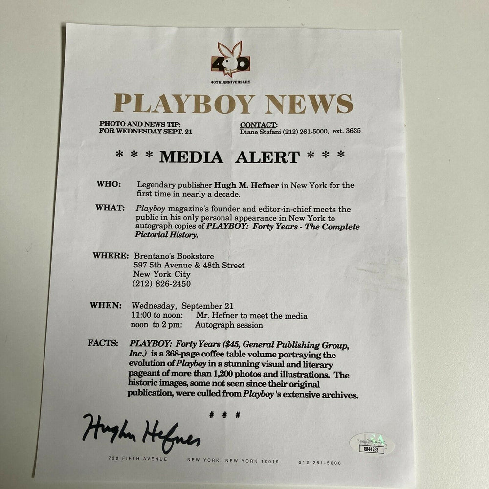 Hugh Hefner Signed Playboy News Media Alert New York City With JSA COA