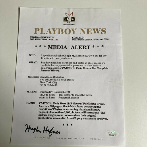 Hugh Hefner Signed Playboy News Media Alert New York City With JSA COA