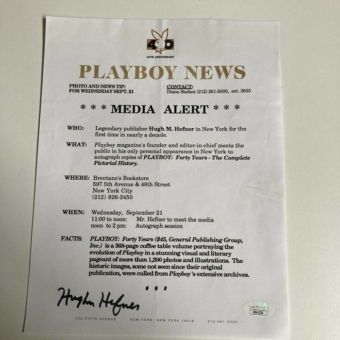 Hugh Hefner Signed Playboy News Media Alert New York City With JSA COA