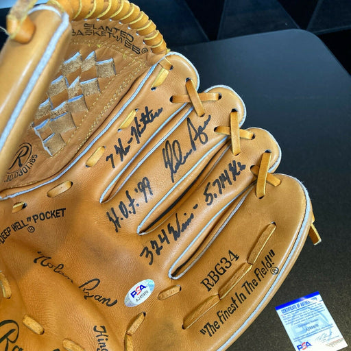 Nolan Ryan Signed Heavily Inscribed STATS Game Model Baseball Glove PSA DNA COA