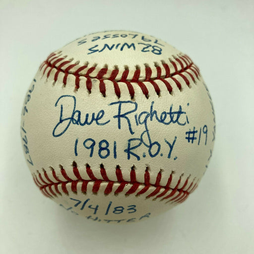 Dave Righetti Signed Heavily Inscribed Stat Baseball With JSA Sticker