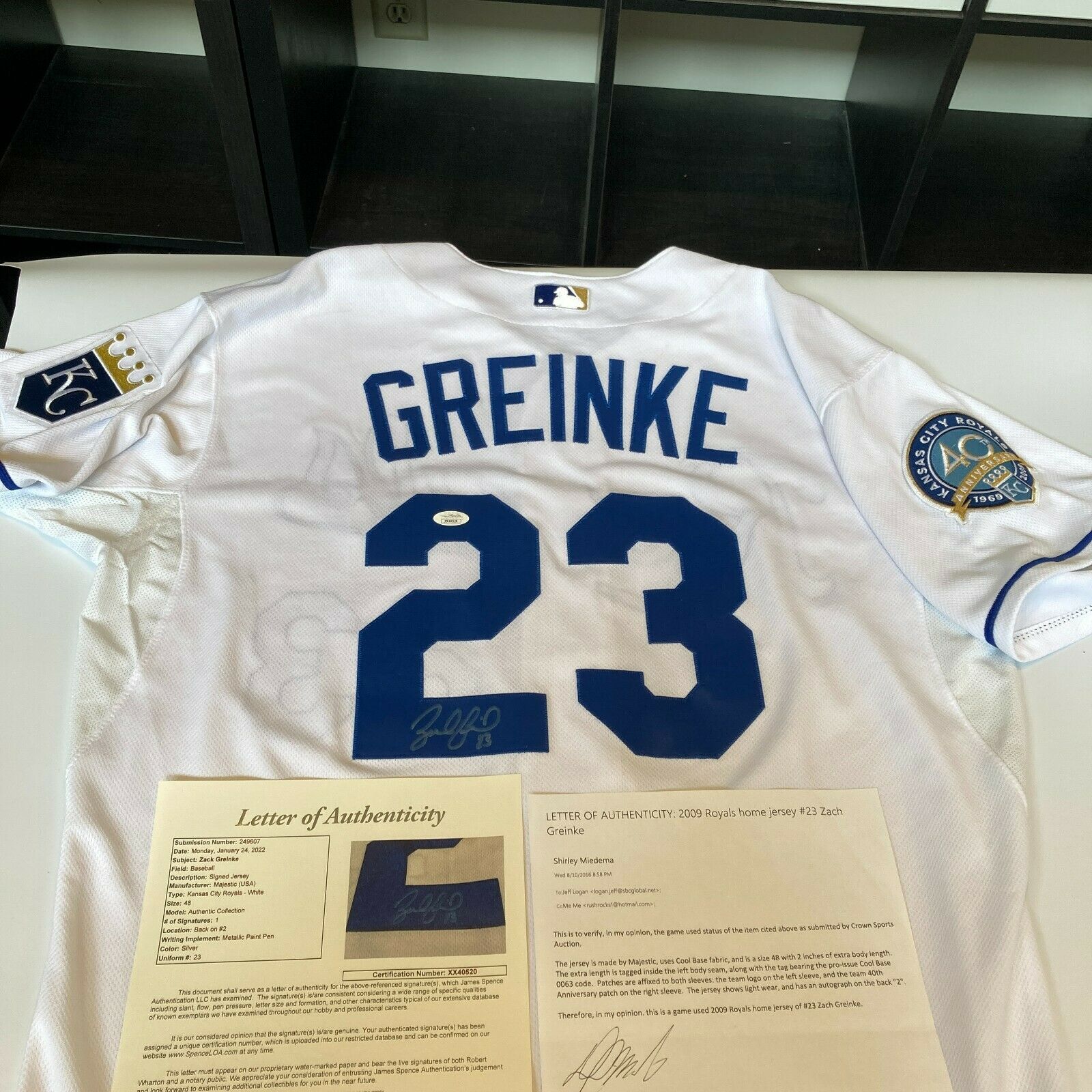 2009 Zack Greinke Kansas City Royals Game-Used & Autographed Home Jersey  JSA COA