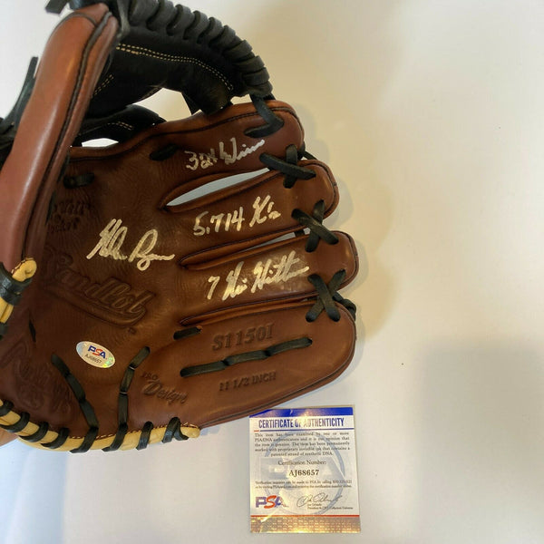 Nolan Ryan 7 No Hitters Signed Heavily Inscribed STATS Baseball Glove PSA DNA