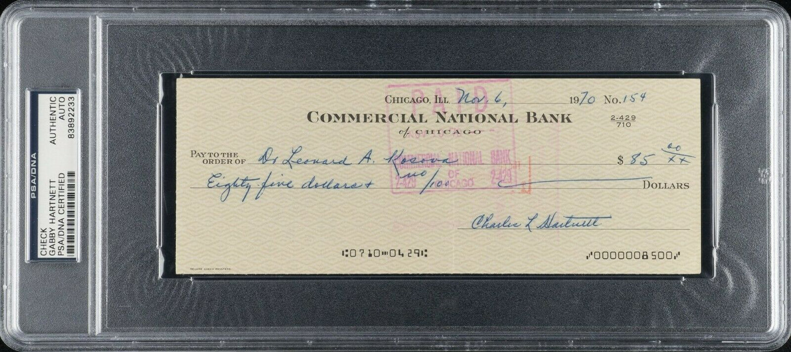 Gabby Hartnett Signed Autographed 1970 Check PSA DNA COA Chicago Cubs HOF