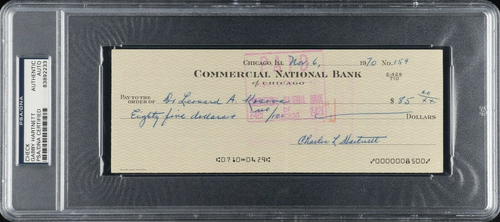 Gabby Hartnett Signed Autographed 1970 Check PSA DNA COA Chicago Cubs HOF