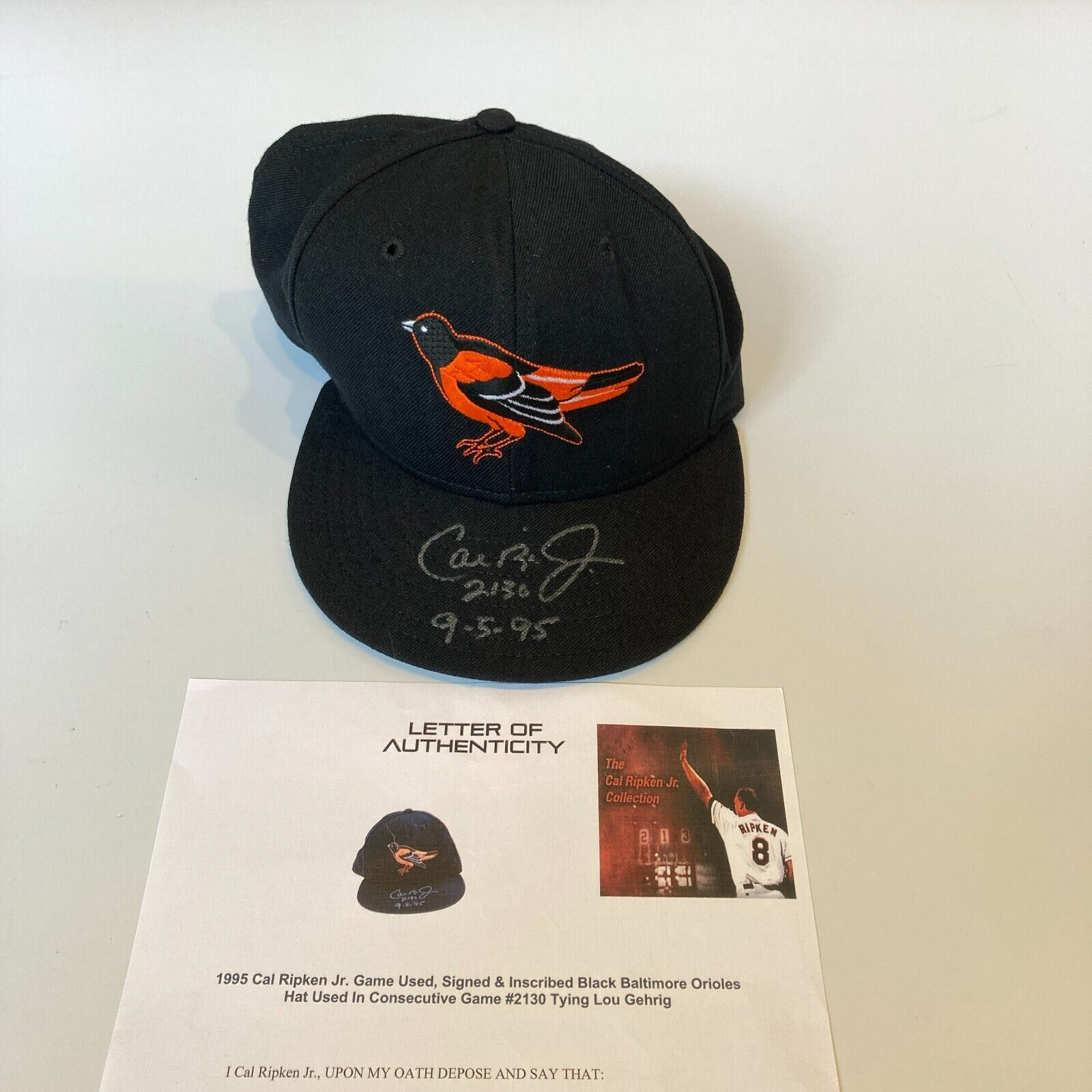 Cal Ripken 2130 Historic Cal Ripken Jr. 2130 Game Used Signed Hat Ties Lou Gehrig JSA ...