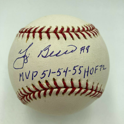 Yogi Berra MVP 1951-54-55 HOF 1972 Signed Heavily Inscribed STAT Baseball JSA