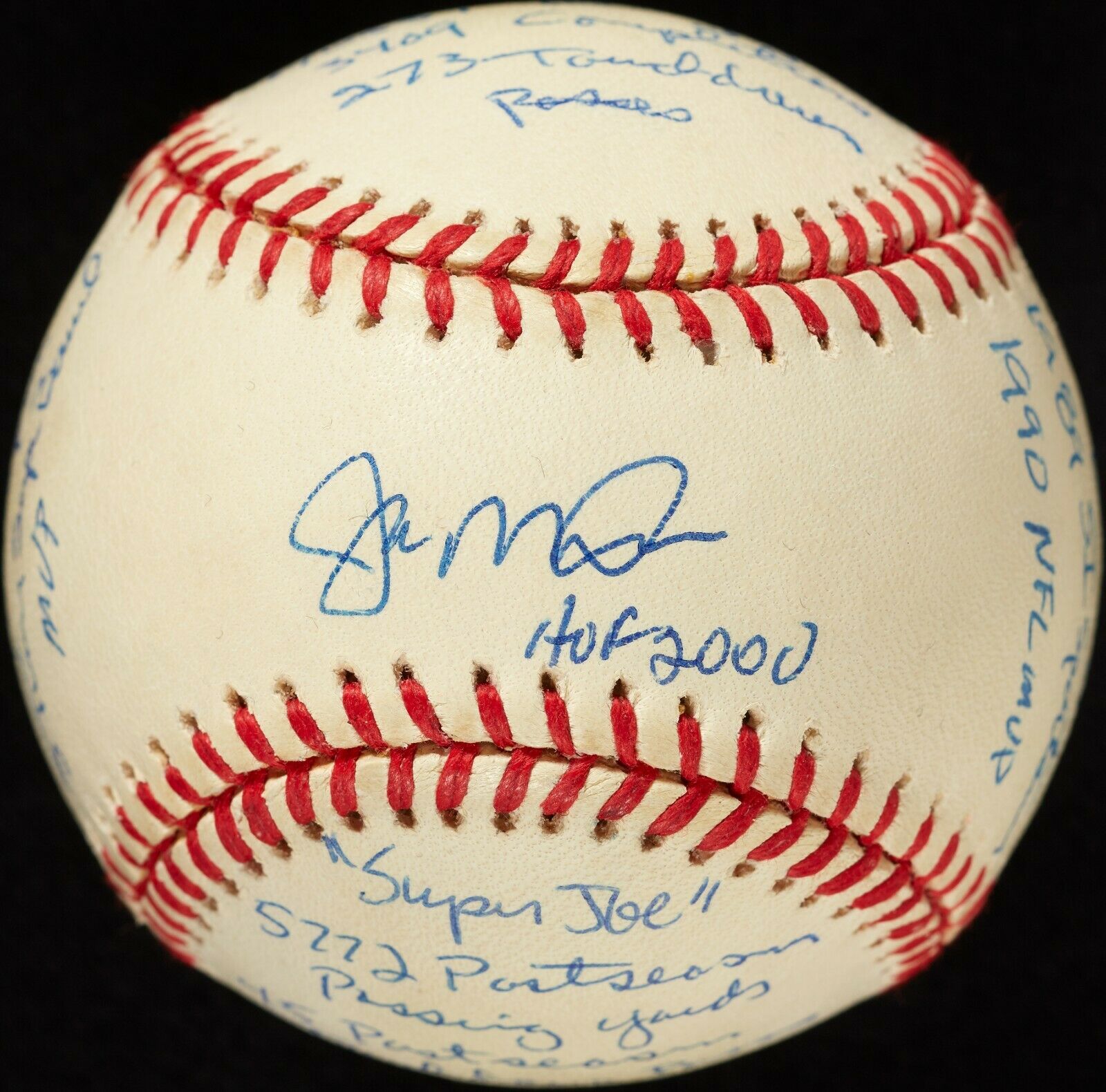 Joe Montana Signed Heavily Inscribed STAT Baseball With Beckett COA