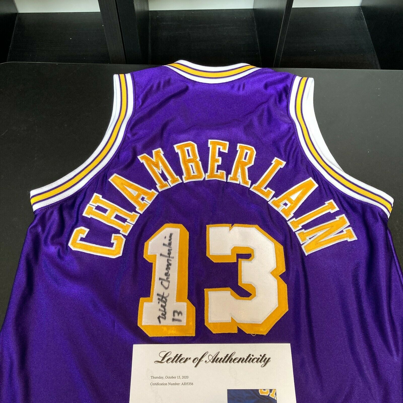 Wilt Chamberlain Signed Throwback Jersey. Basketball