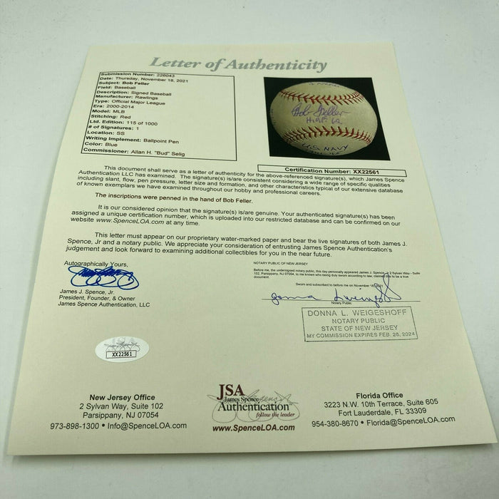 Bob Feller Signed Heavily Inscribed Career STAT Baseball With JSA COA