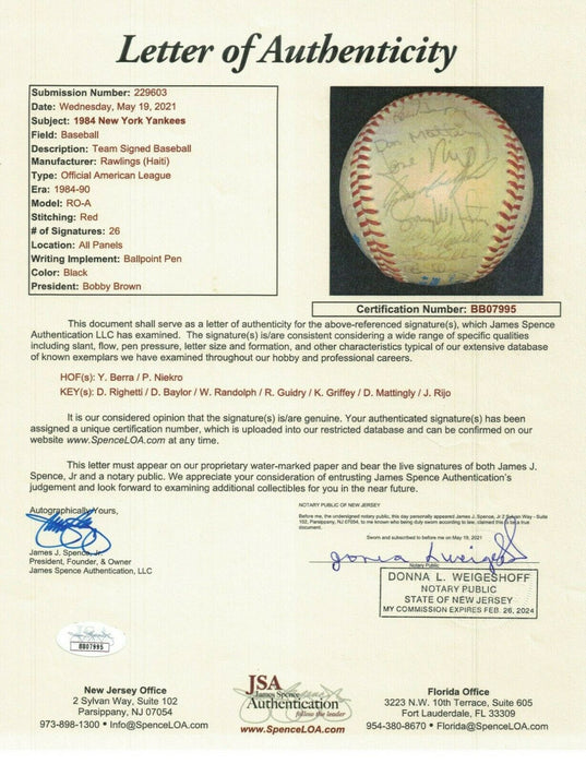 Don Mattingly Rookie 1984 New York Yankees Team Signed Baseball JSA COA