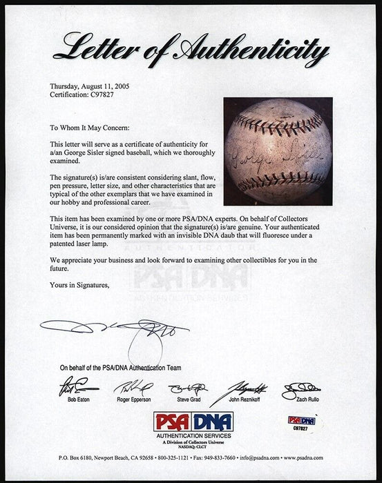 George Sisler Single Signed 1920's Official American League Baseball PSA DNA COA