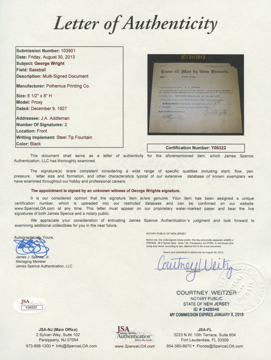 George Wright Signed 1927 A.J. Reach Baseball Contract RARE Hall Of Fame JSA COA