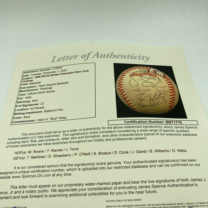 1998 New York Yankees World Series Champs Team Signed W.S. Baseball JSA COA PSA