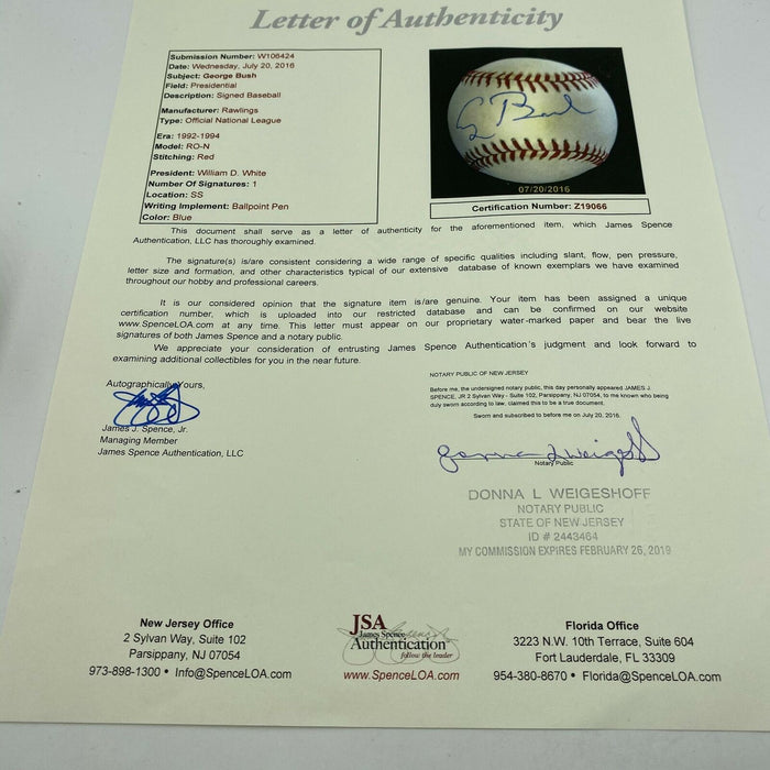 President George H.W. Bush Signed 1992 National League Baseball With JSA COA