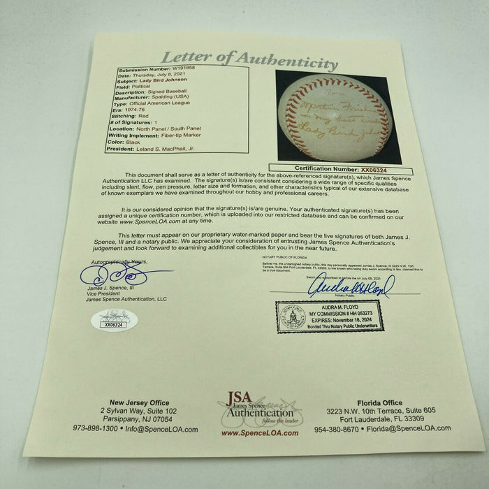 Lady Bird Johnson Single Signed Baseball Lyndon B. Johnson First Lady JSA COA